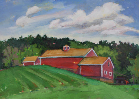 Hot August, Red Barn,  Acrylic on paper, 20X14